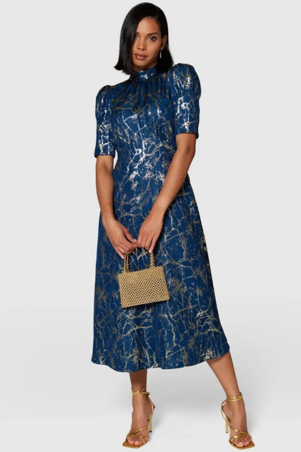 Closet Occasionwear<AISLING TIE BACK A-LINE MIDI DRESS (NAVY/GOLD)