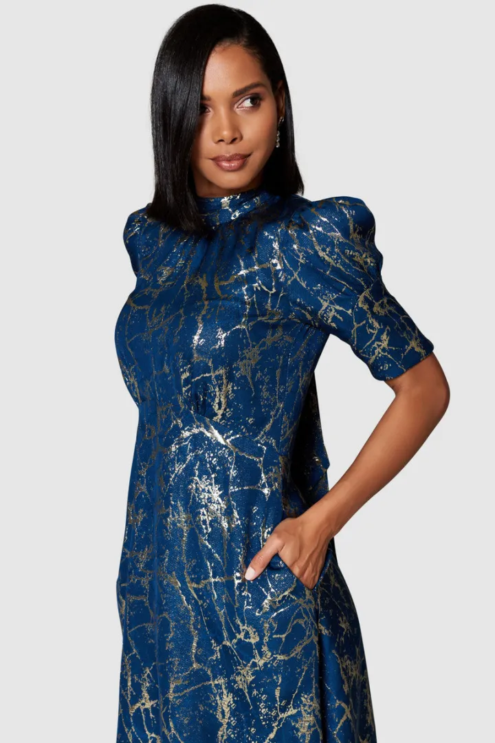 aisling_tie_back_aline_mi_3.webp Closet Occasionwear<AISLING TIE BACK A-LINE MIDI DRESS (NAVY/GOLD)