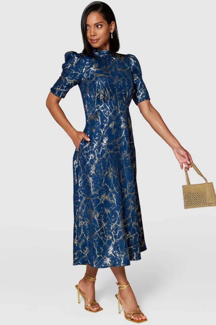 aisling_tie_back_aline_mi_4.webp Closet Occasionwear<AISLING TIE BACK A-LINE MIDI DRESS (NAVY/GOLD)