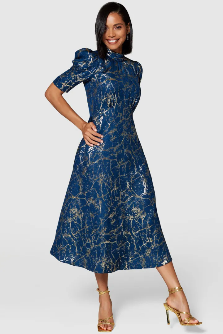 aisling_tie_back_aline_mi_5.webp Closet Occasionwear<AISLING TIE BACK A-LINE MIDI DRESS (NAVY/GOLD)