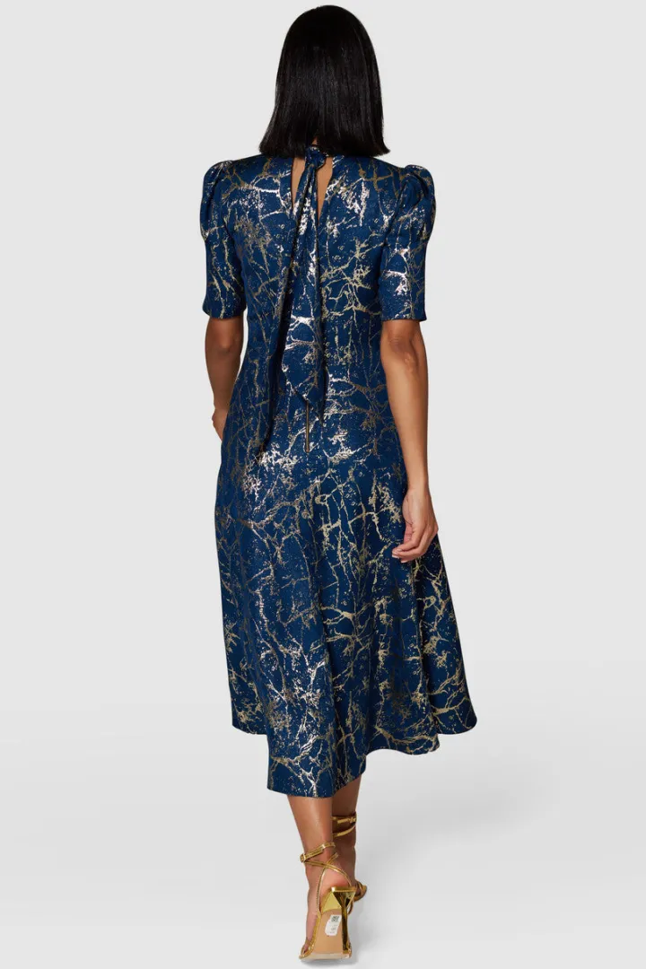 aisling_tie_back_aline_mi_6.webp Closet Occasionwear<AISLING TIE BACK A-LINE MIDI DRESS (NAVY/GOLD)