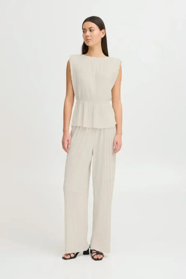 Ichi Pants | Co-Ords<Ana Wide Leg Plisse Pants (Almond Milk)