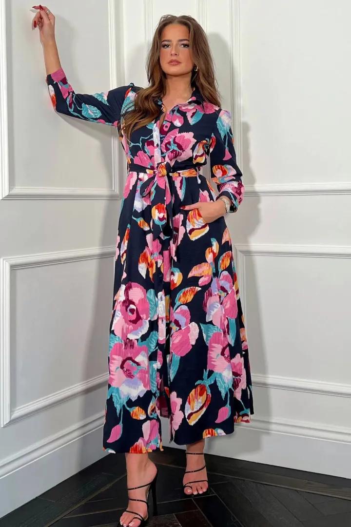 angela_floral_shirt_dress_2.webp Girl in Mind Occasionwear<ANGELA FLORAL SHIRT DRESS (NAVY/PURPLE)