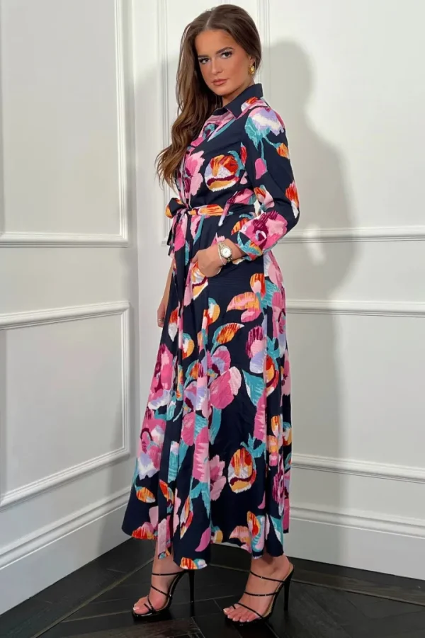 Girl in Mind Occasionwear<ANGELA FLORAL SHIRT DRESS (NAVY/PURPLE)