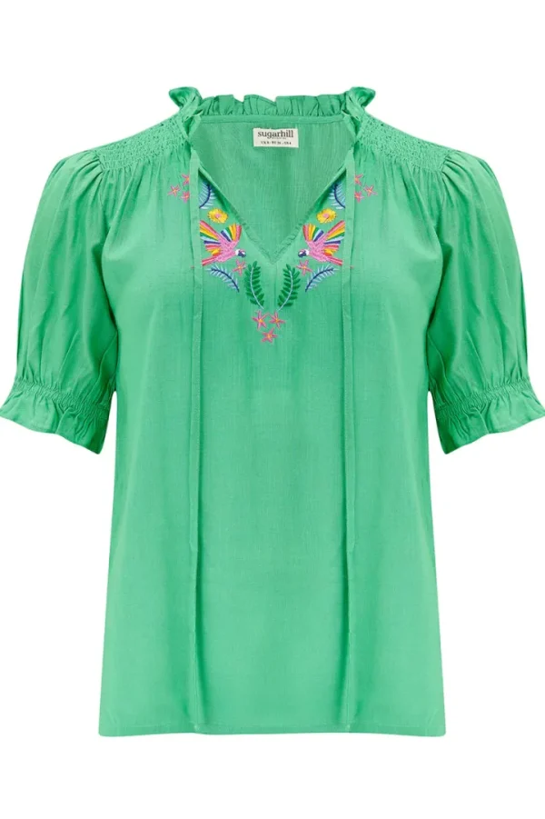 Sugarhill Shirts & Blouses<Angelique Top (Green Rainbow Parrots Embroidery)