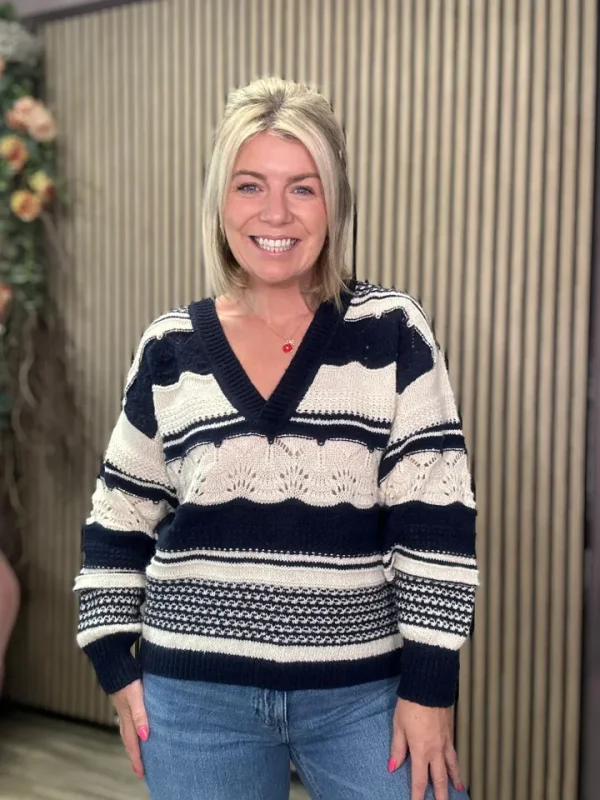 Ichi Jumpers & Cardigans<Ash V-Neck Jumper (Total Eclipse Strip)