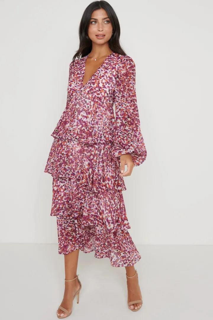 ashton_ruffle_midi_dress__0.webp Pretty Lavish Occasionwear<ASHTON RUFFLE MIDI DRESS (CORAL ABSTRACT) CURVE