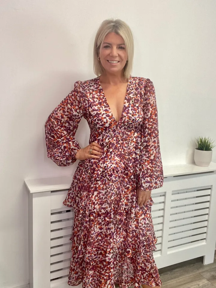 ashton_ruffle_midi_dress__1.webp Pretty Lavish Occasionwear<ASHTON RUFFLE MIDI DRESS (CORAL ABSTRACT) CURVE