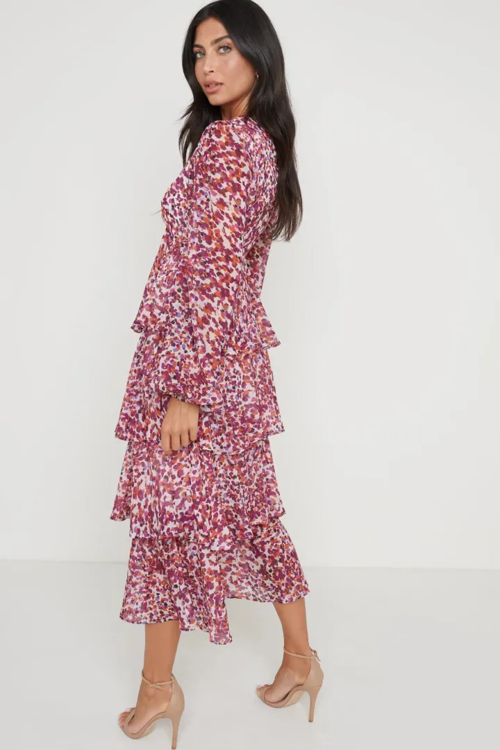 ashton_ruffle_midi_dress__2.webp Pretty Lavish Occasionwear<ASHTON RUFFLE MIDI DRESS (CORAL ABSTRACT) CURVE