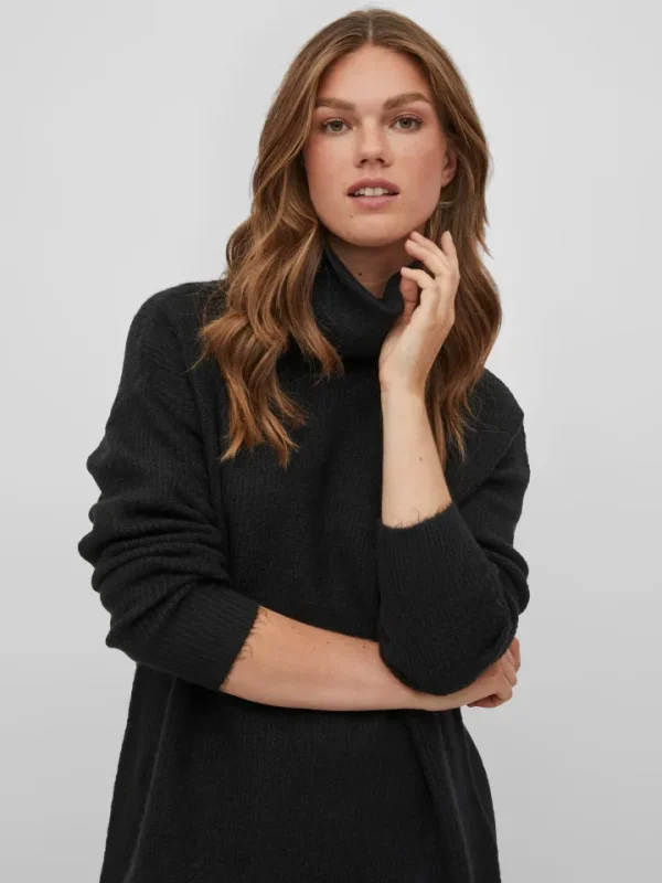 Vila Jumpers & Cardigans<CILLA ROLL NECK KNIT TUNIC (BLACK)