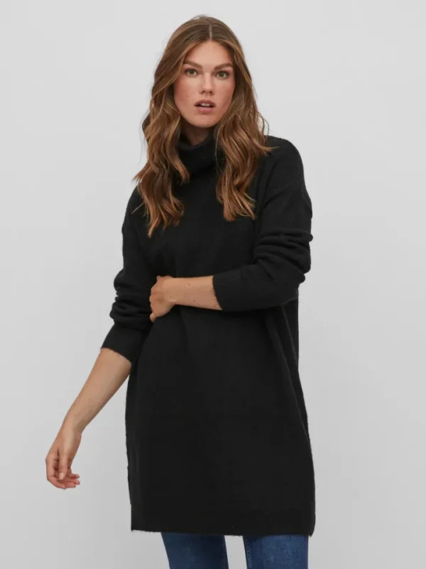 Vila Jumpers & Cardigans<CILLA ROLL NECK KNIT TUNIC (BLACK)