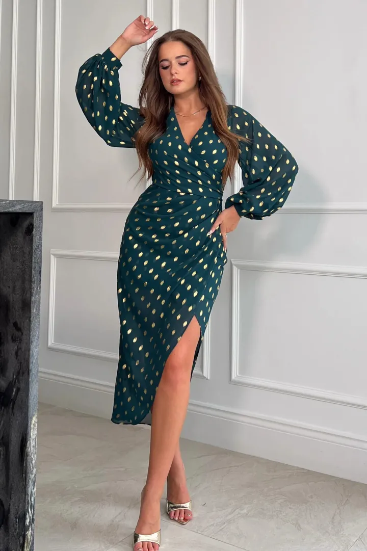 elsa_foil_wrap_asymmetric_1.webp Girl in Mind Occasionwear<Elsa Foil Wrap Asymmetric Dress (Green)
