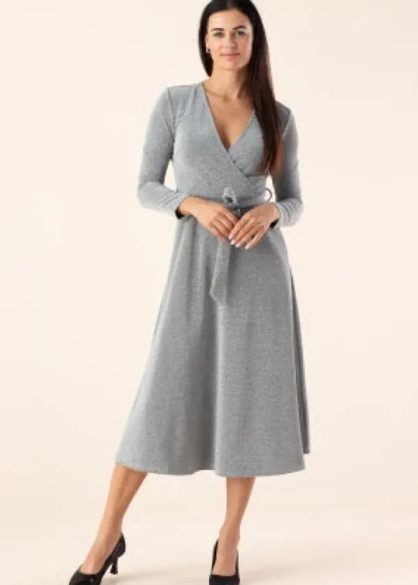Vila Occasionwear<EVA L/S WRAP DETAIL MIDI DRESS (SILVER)
