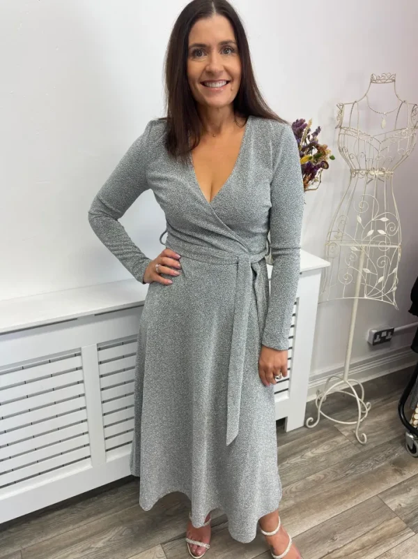 Vila Occasionwear<EVA L/S WRAP DETAIL MIDI DRESS (SILVER)