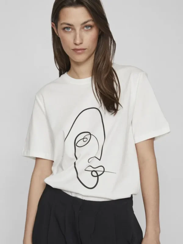 Vila T-Shirts<FACE PRINTED COTTON T-SHIRT (WHITE)
