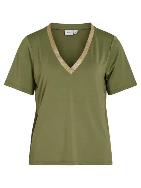 Vila T-Shirts<Hekla V-Neck Top (Oil Green/Glitter)