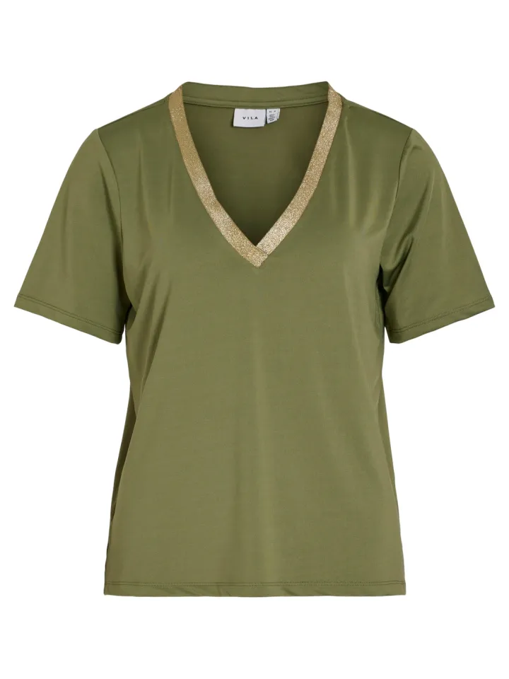 hekla_vneck_top_oil_green_0.webp Vila T-Shirts<Hekla V-Neck Top (Oil Green/Glitter)