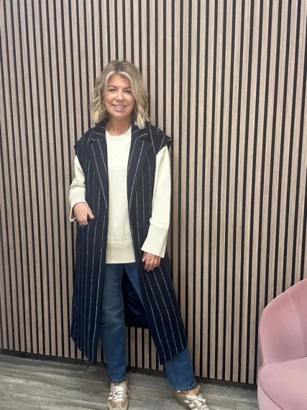Ichi Coats<Jannet Pinstripe Long Waistcoat (Total Eclipse)