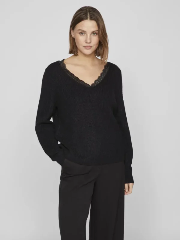 Vila Jumpers & Cardigans<Lacy V-Neck Jumper (Black)