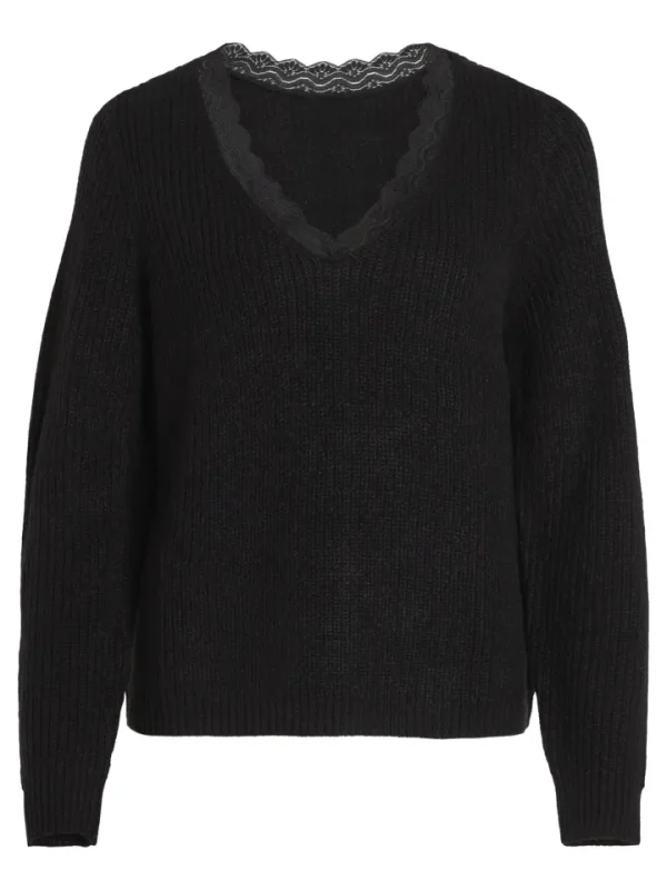 Vila Jumpers & Cardigans<Lacy V-Neck Jumper (Black)