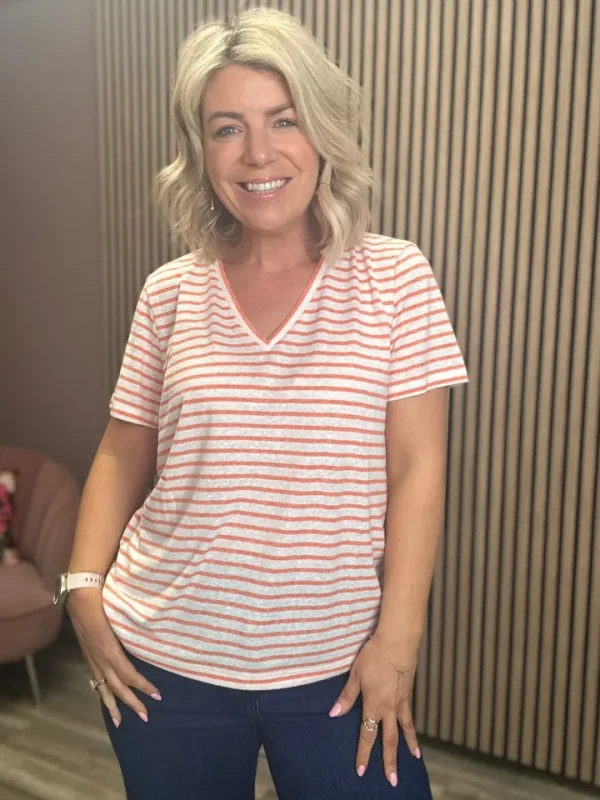 Ichi T-Shirts<LIETTA T-SHIRT (CORAL ROSE STRIPE)