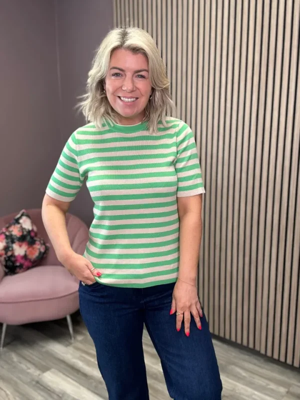 Object T-Shirts<LISA KNIT TOP (GREEN/SANDSHELL)