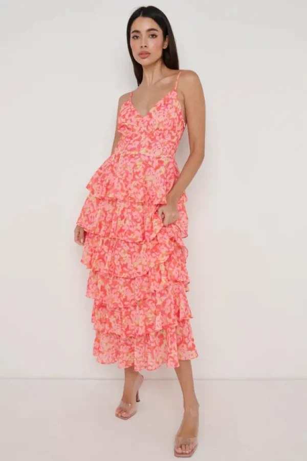 Pretty Lavish Occasionwear<LISSY RUFFLE MIDAXI DRESS (ORANGE/PINK)