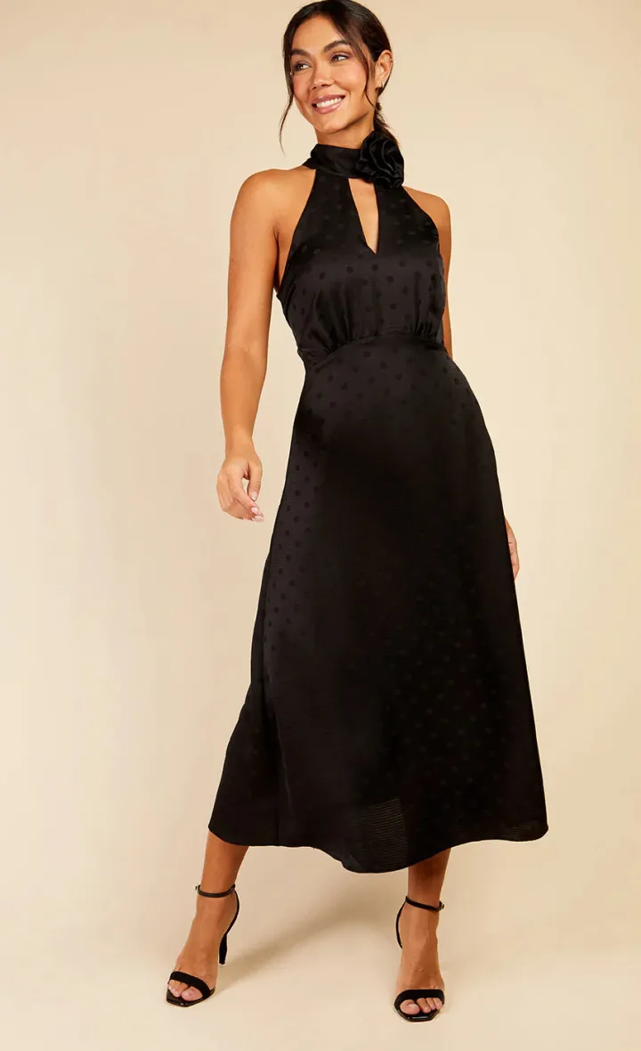lorna_rosette_midaxi_dres_2.webp Little Mistress Occasionwear<Lorna Rosette Midaxi Dress (Black Spot Print)