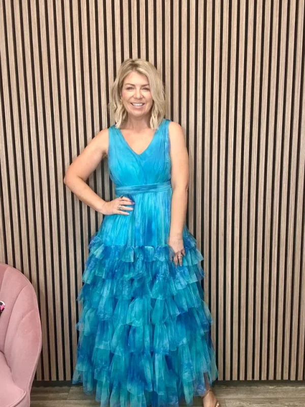 GoaGoa Occasionwear | Dresses<Madalena Tulle Maxi Dress (Aqua Print)