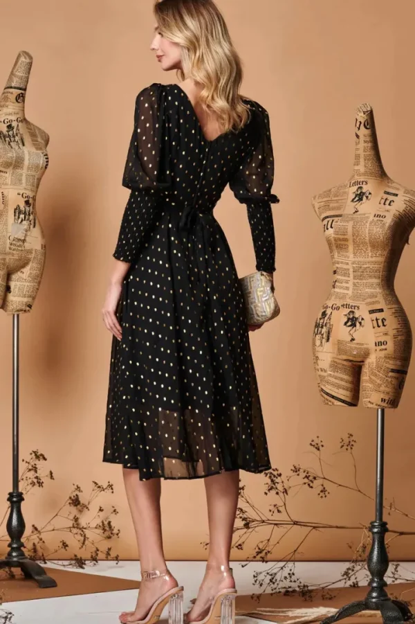 Jolie Moi Occasionwear<METALLIC CHIFFON PUFF SLEEVE MIDI DRESS (BLACK) CURVE