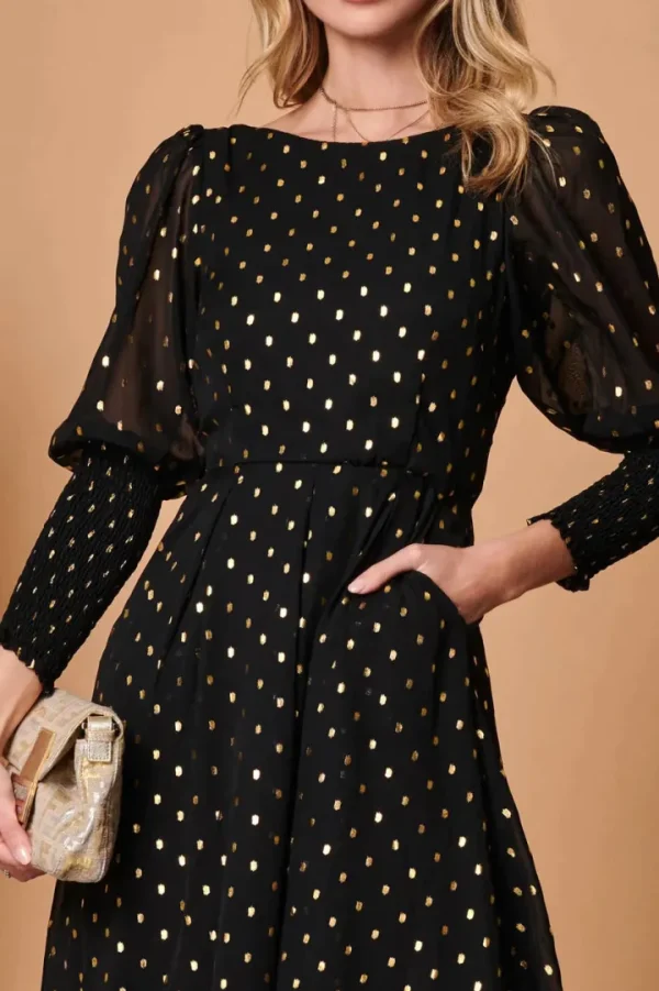 Jolie Moi Occasionwear<METALLIC CHIFFON PUFF SLEEVE MIDI DRESS (BLACK) CURVE