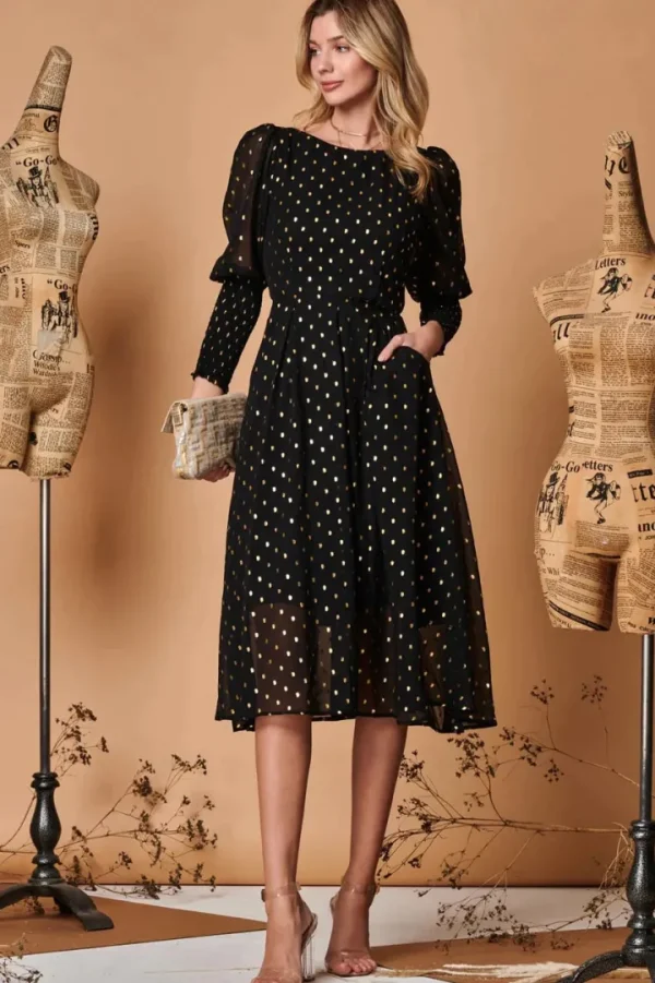 Jolie Moi Occasionwear<METALLIC CHIFFON PUFF SLEEVE MIDI DRESS (BLACK) CURVE