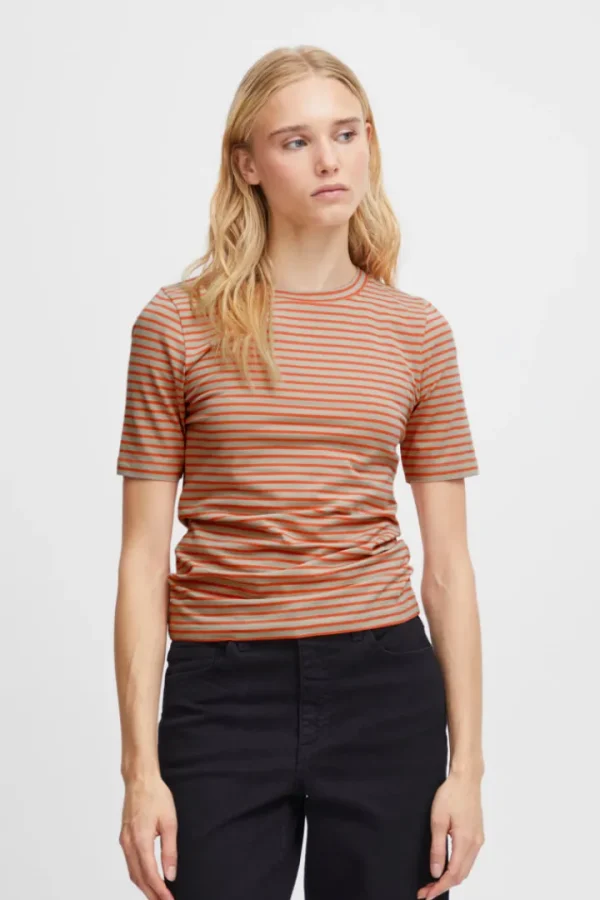 Ichi T-Shirts<MIRYA T-SHIRT (HOT CORAL STRIPE)