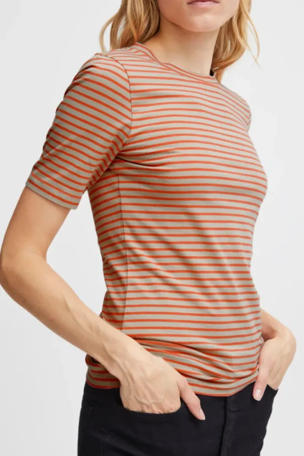 Ichi T-Shirts<MIRYA T-SHIRT (HOT CORAL STRIPE)