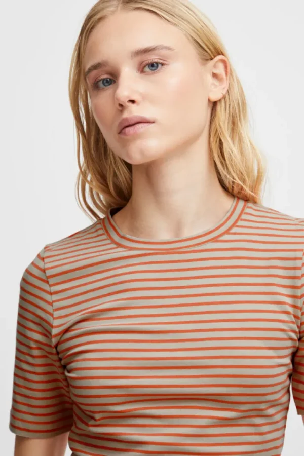 Ichi T-Shirts<MIRYA T-SHIRT (HOT CORAL STRIPE)