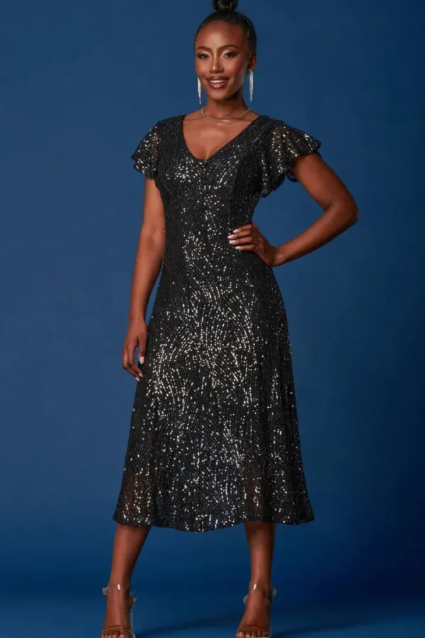 Jolie Moi Occasionwear<SEQUIN FIT & FLARE MAXI DRESS (BLACK) CURVE