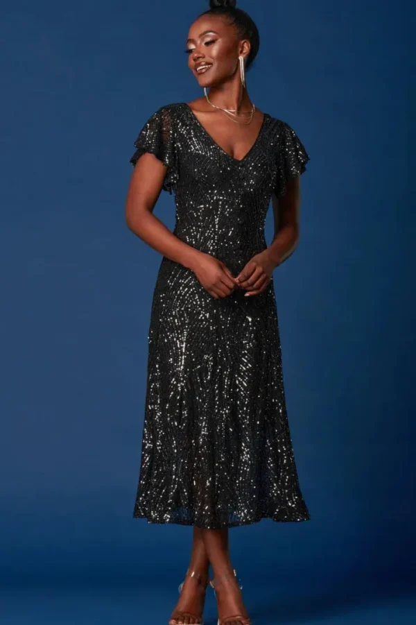 Jolie Moi Occasionwear<SEQUIN FIT & FLARE MAXI DRESS (BLACK) CURVE