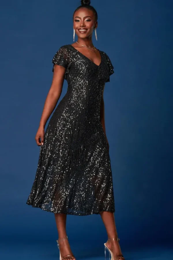 Jolie Moi Occasionwear<SEQUIN FIT & FLARE MAXI DRESS (BLACK) CURVE