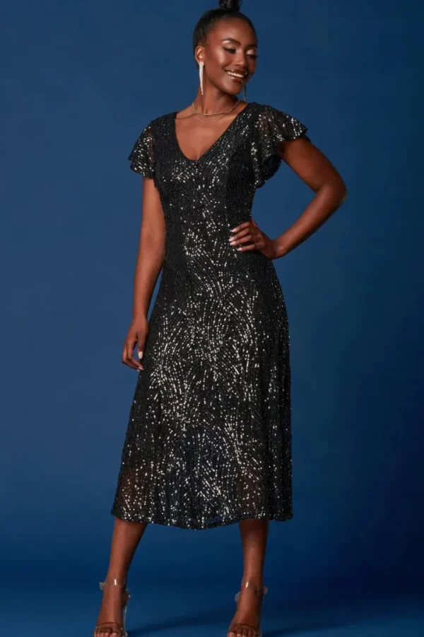 Jolie Moi Occasionwear<SEQUIN FIT & FLARE MAXI DRESS (BLACK) CURVE