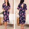 Hope & Ivy Occasionwear<THE AMORE PEPLUM WAIST MIDI DRESS WITH CONTRAST LADDER TRIM (NAVY/PINK) CURVE