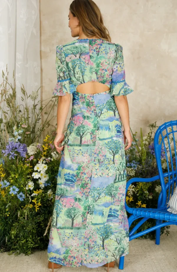 Hope & Ivy Occasionwear<The Blake Frill Sleeve Thigh Split Open Back Maxi Dress