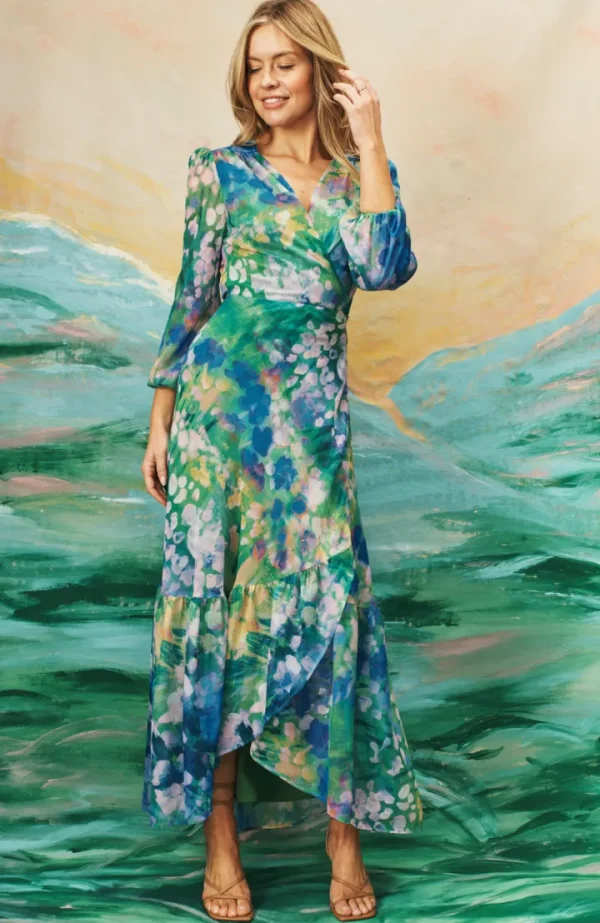 Hope & Ivy Occasionwear | Dresses<The bell Floral Print Blouson Sleeve Maxi Wrap Dress