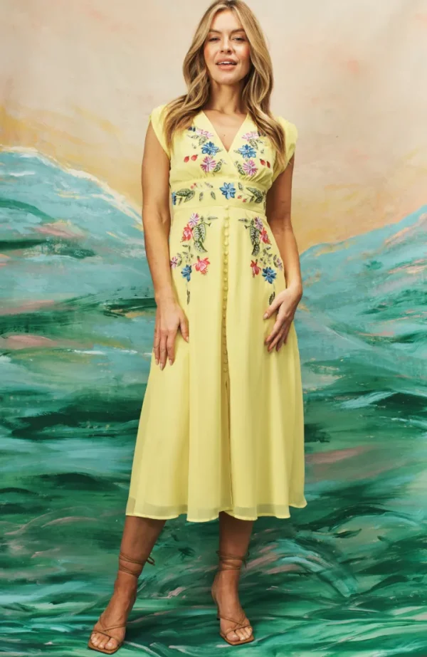 Hope & Ivy Occasionwear | Dresses<The Buttercup Embroidered Front Button Midi Dress