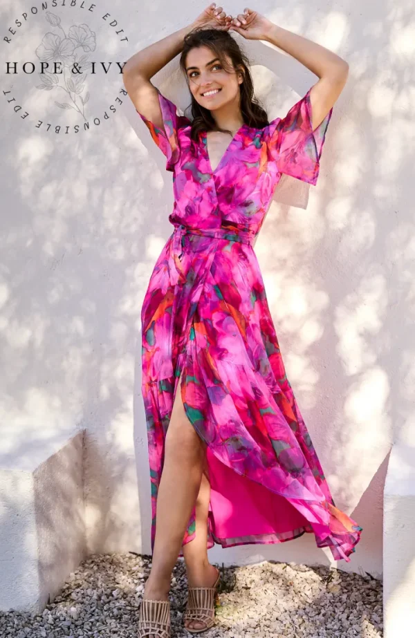 Hope & Ivy Occasionwear<The Corinne Flutter Sleeve Maxi Wrap Dress (Bright Pink)