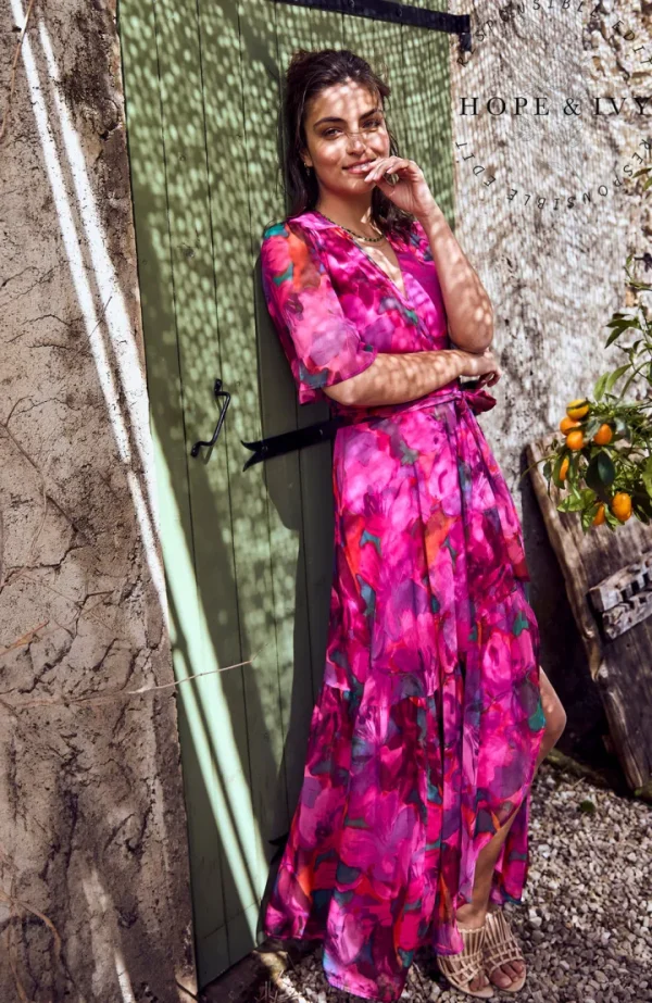 Hope & Ivy Occasionwear<The Corinne Flutter Sleeve Maxi Wrap Dress (Bright Pink)