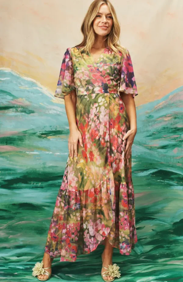 Hope & Ivy Occasionwear | Dresses<The Foxglove Floral Print Flutter Sleeve Maxi Wrap Dress