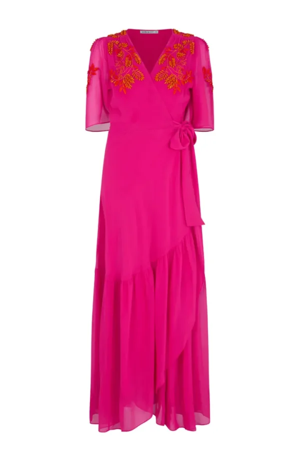 Hope & Ivy Occasionwear | Dresses<The Harriet Embellished Flutter Sleeve Maxi Dress (Pink/Orange)