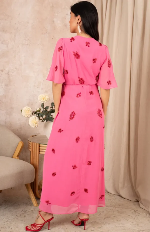 Hope & Ivy Occasionwear<THE HEBE EMBELLISHED WRAP DRESS WITH TIE WAIST AND FLUTTER SLEEVE (PINK/RED)