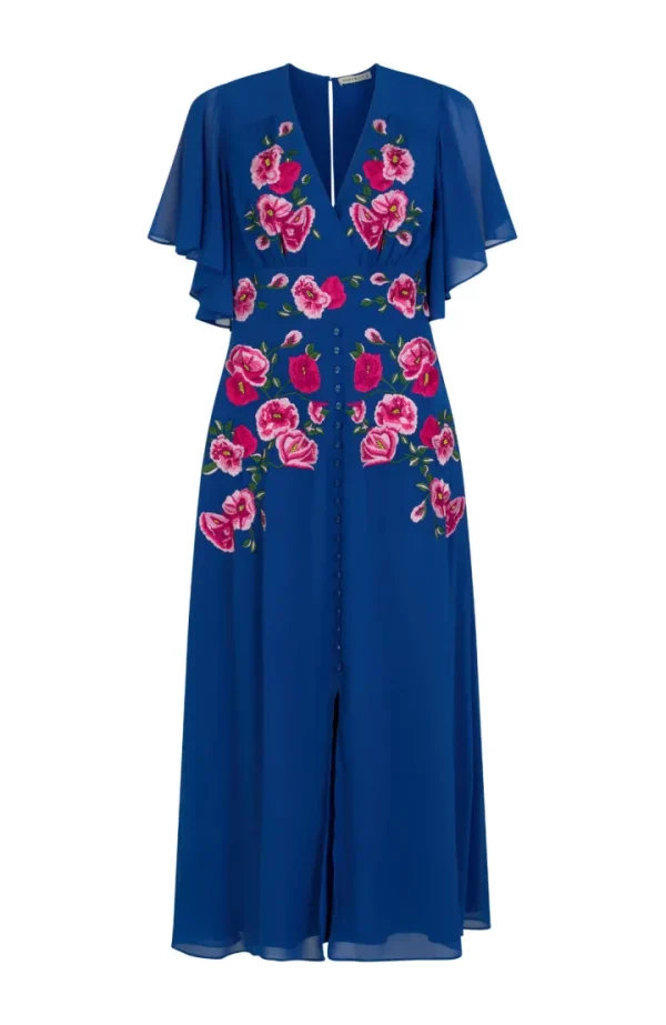 Hope & Ivy Occasionwear<The Monica Embroidered Flutter Sleeve Midi Dress (Blue)