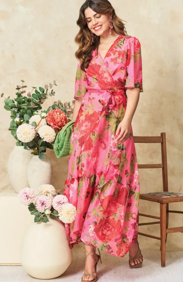 Hope & Ivy Occasionwear | Dresses<The Roxanne Flutter Sleeve Maxi Wrap Dress (/Red)
